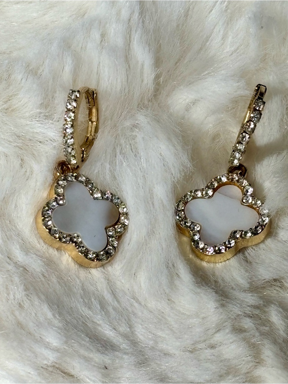 14K Gold Plated White Clover Crystal Drop Earrings - Picture 4 of 8